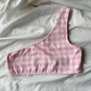 Frankie's Bikinis Pink Gingham Asymmetrical Top